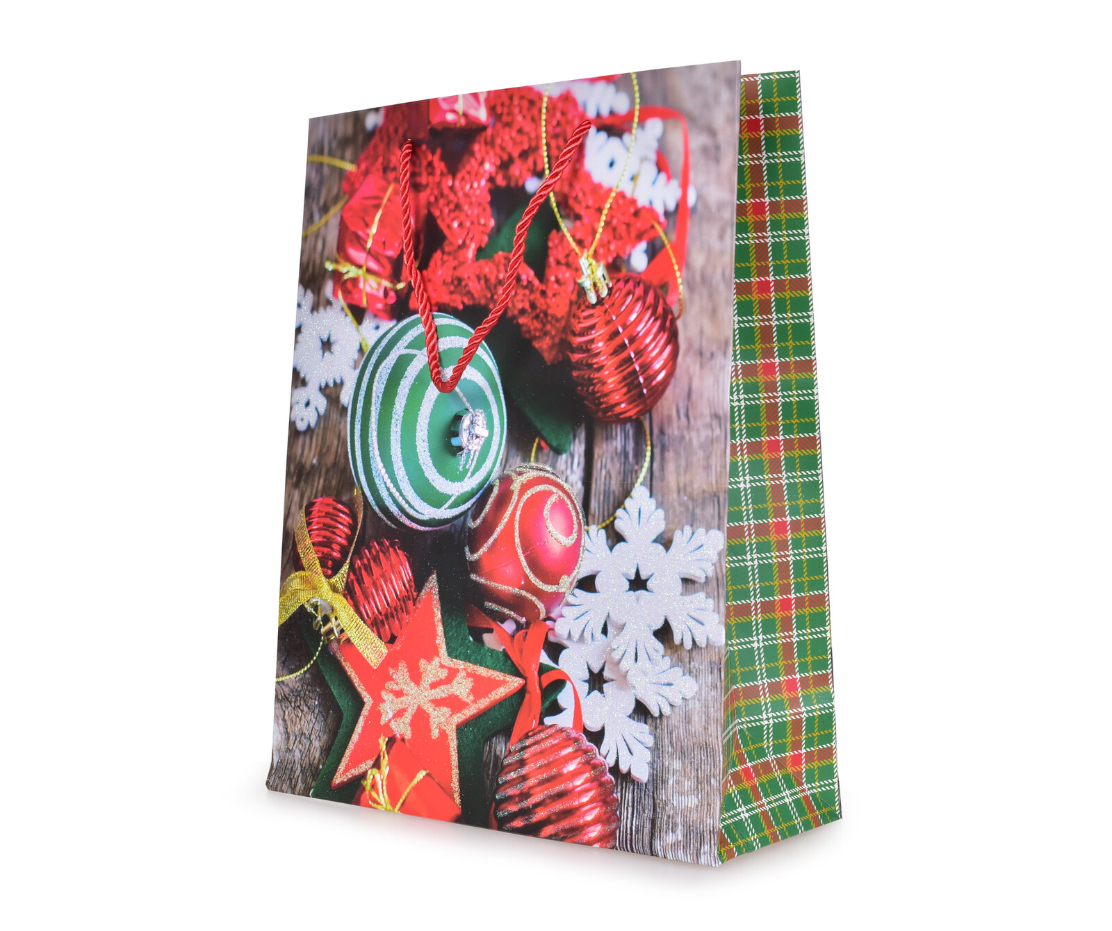 Vločky, hvězdy a koule v červenozelené | dárková taška L