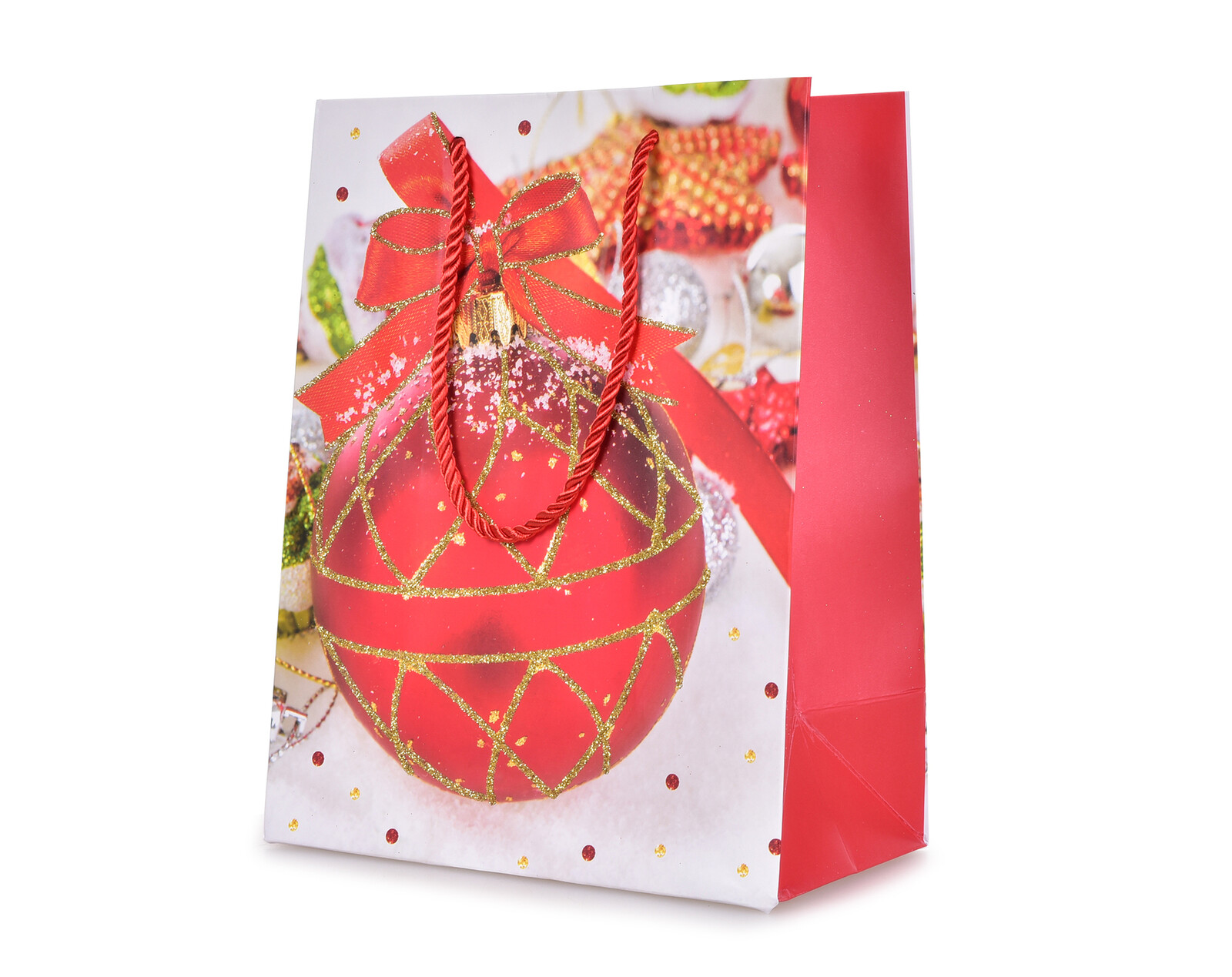 Červená vánoční koule se zlatou mašlí | dárková taška M