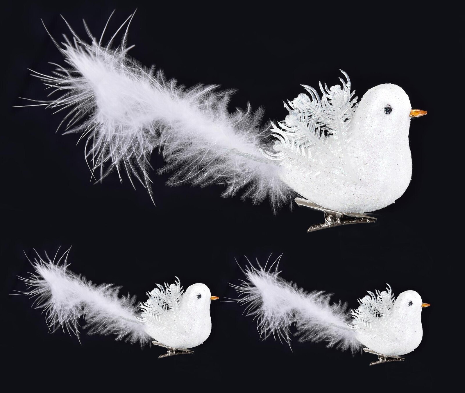 ANDĚLŠTÍ POSLÍČCI | dekorační ptáčci s pírky a kovovou klipsou | sada 3 ks | 15 cm