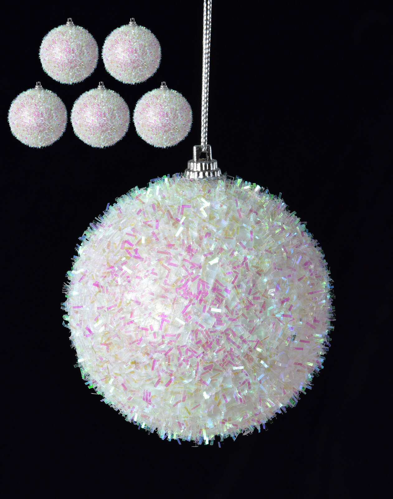 KRYSTALOVÝ SNĚHOVĚJ | dekorační koule s perleťovými lametkami | sada 6 ks | 7,5 cm