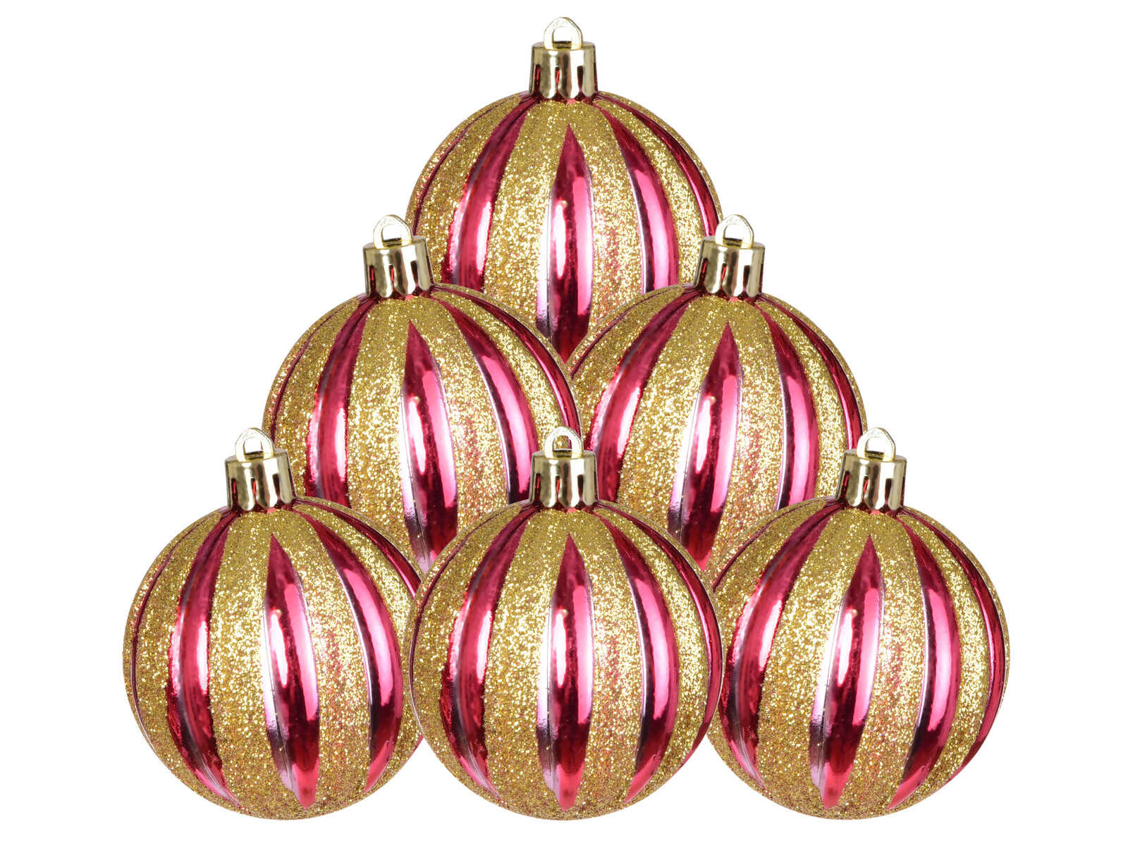 ZLATÉ PRUHY RADOSTI | sada ozdob | 6 ks | červené koule se svislými zlatými pruhy