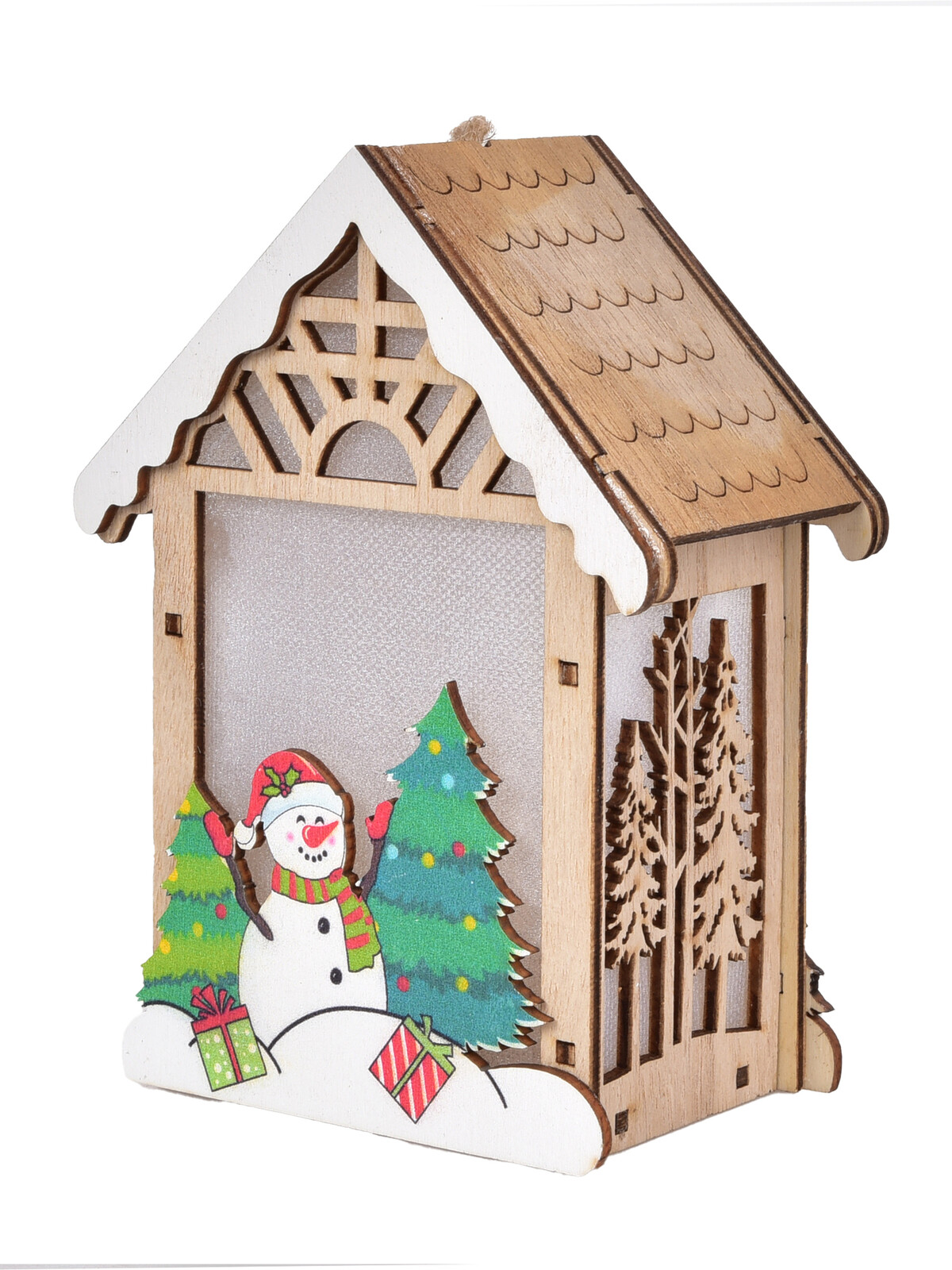 SVÍTÍCÍ ZIMNÍ DOMEK | dřevěná dekorace se sněhulákem a LED světlem | 14 cm