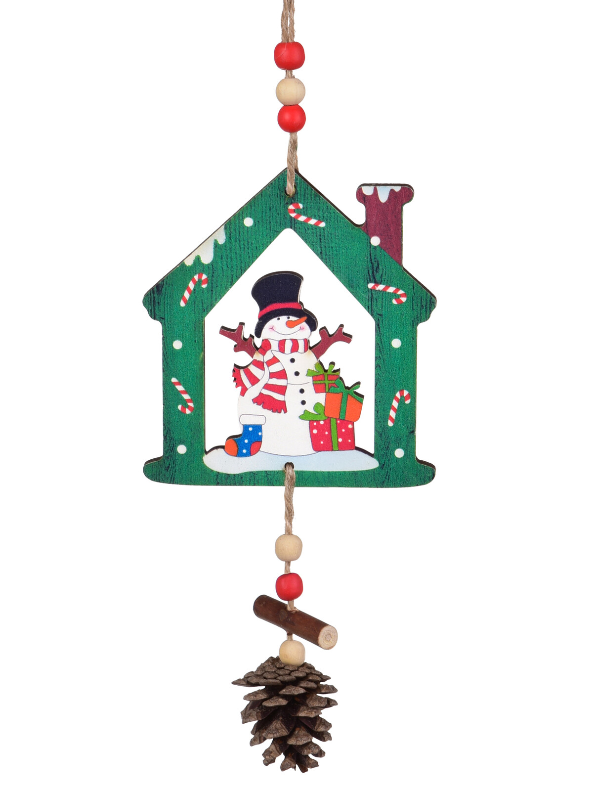 SNĚHULÁKŮV DOMEČEK | závěsná dřevěná dekorace se šiškou | výška 30 cm