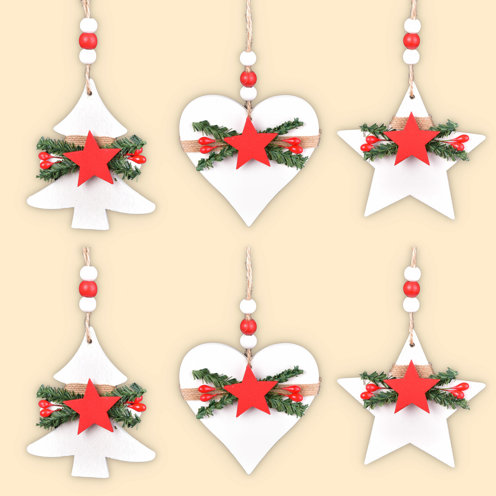 VÁNOČNÍ KLID | sada 6 dřevěných ozdob s přizdobením | výška 9 cm | bílé