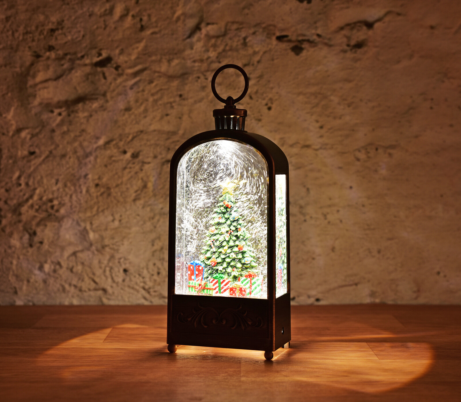 VÁNOČNÍ ZÁŘ | svítící LED lucerna se sněžením a hudbou | 33 cm | hraje 8 koled