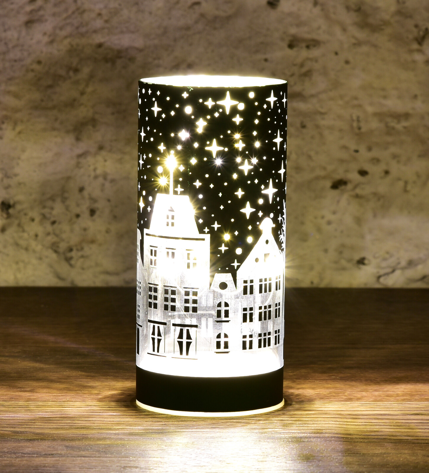 ZIMNÍ MĚSTEČKO | LED skleněný svícen | zelený | 15 cm