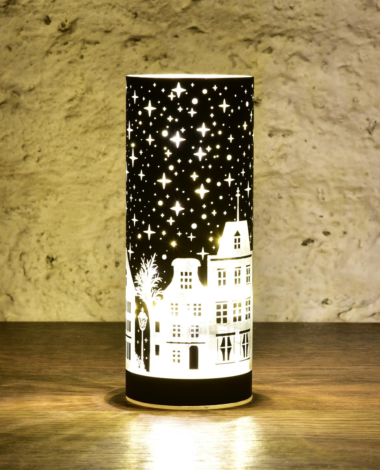 NOČNÍ MĚSTEČKO | LED skleněný svícen | 20 cm