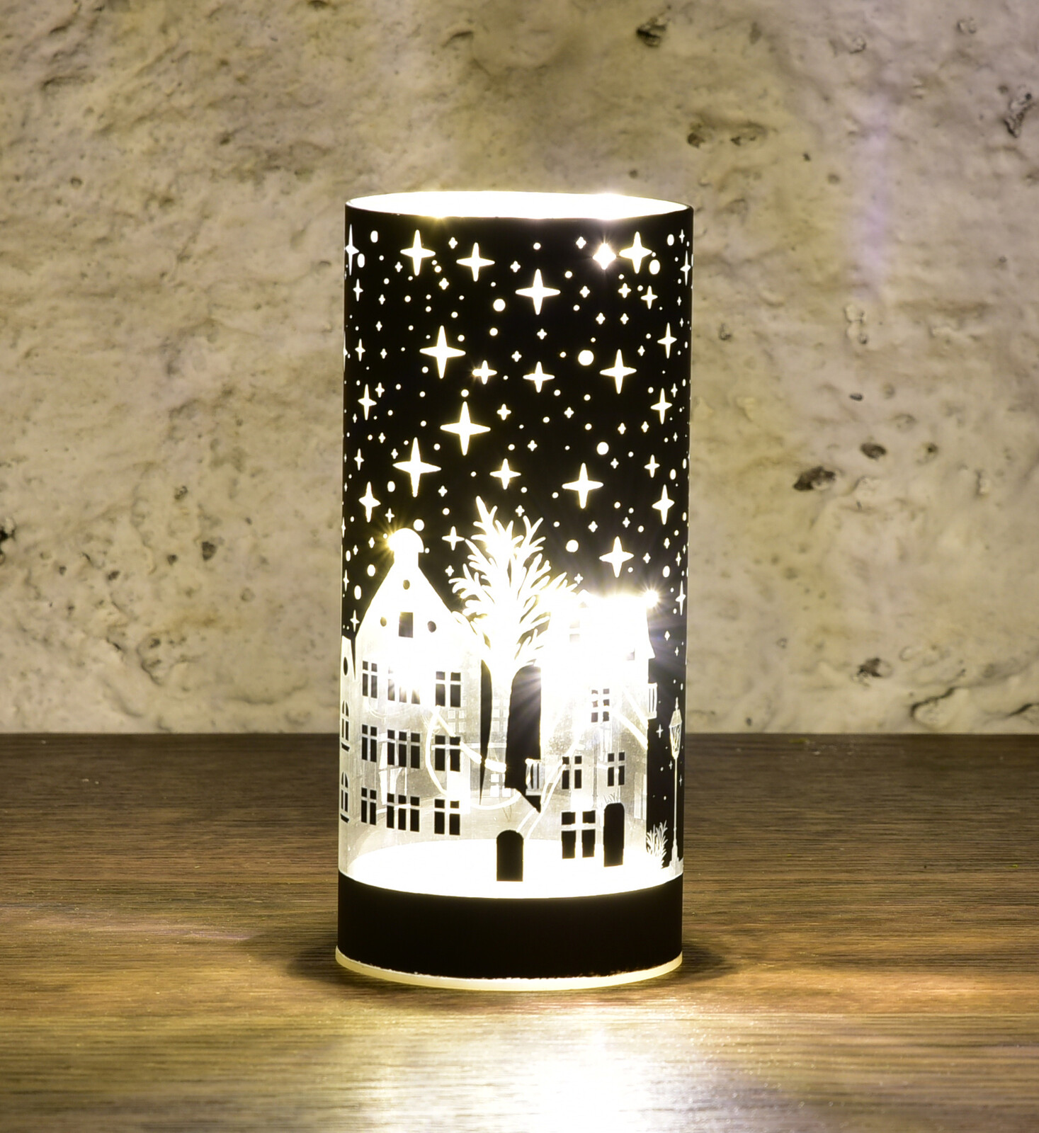 NOČNÍ MĚSTEČKO | LED skleněný svícen | 15 cm