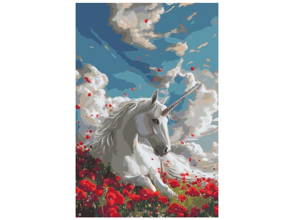 MALUJEŠ Malování podle čísel - AGNIESZKA MLECZEK - JEDNOROŽEC A VLČÍ MÁKY Rozměr: 40x60 cm, Rámování: bez rámu a bez vypnutí plátna