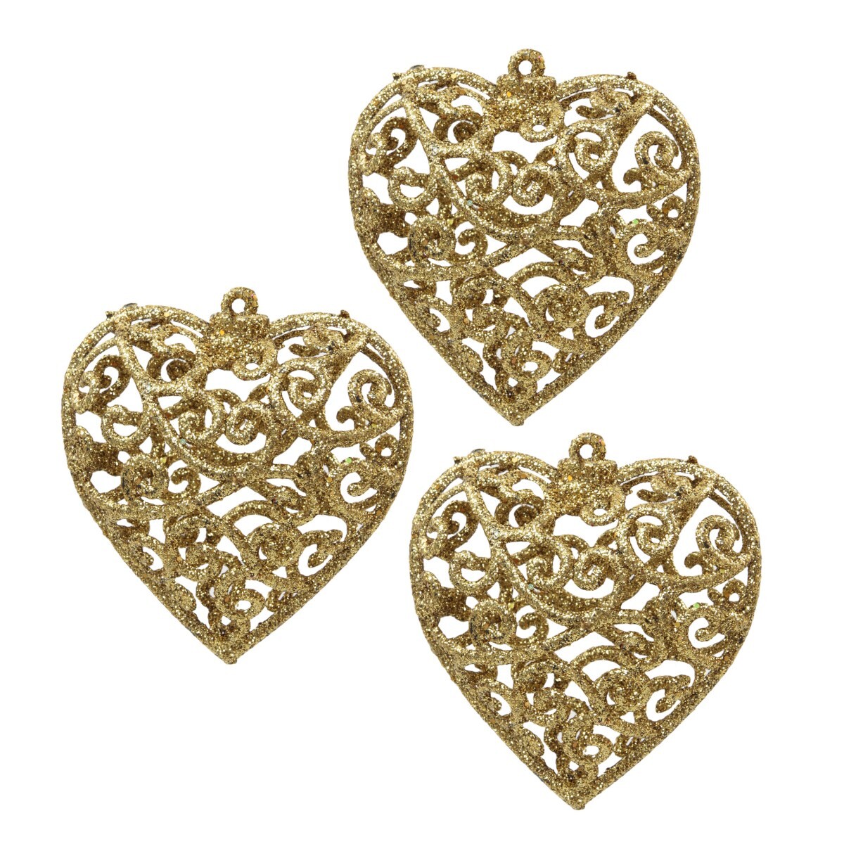 TŘPYTIVÁ SRDÍČKA | sada krajkových závěsných ozdob | zlatá | 3 ks × 7 cm