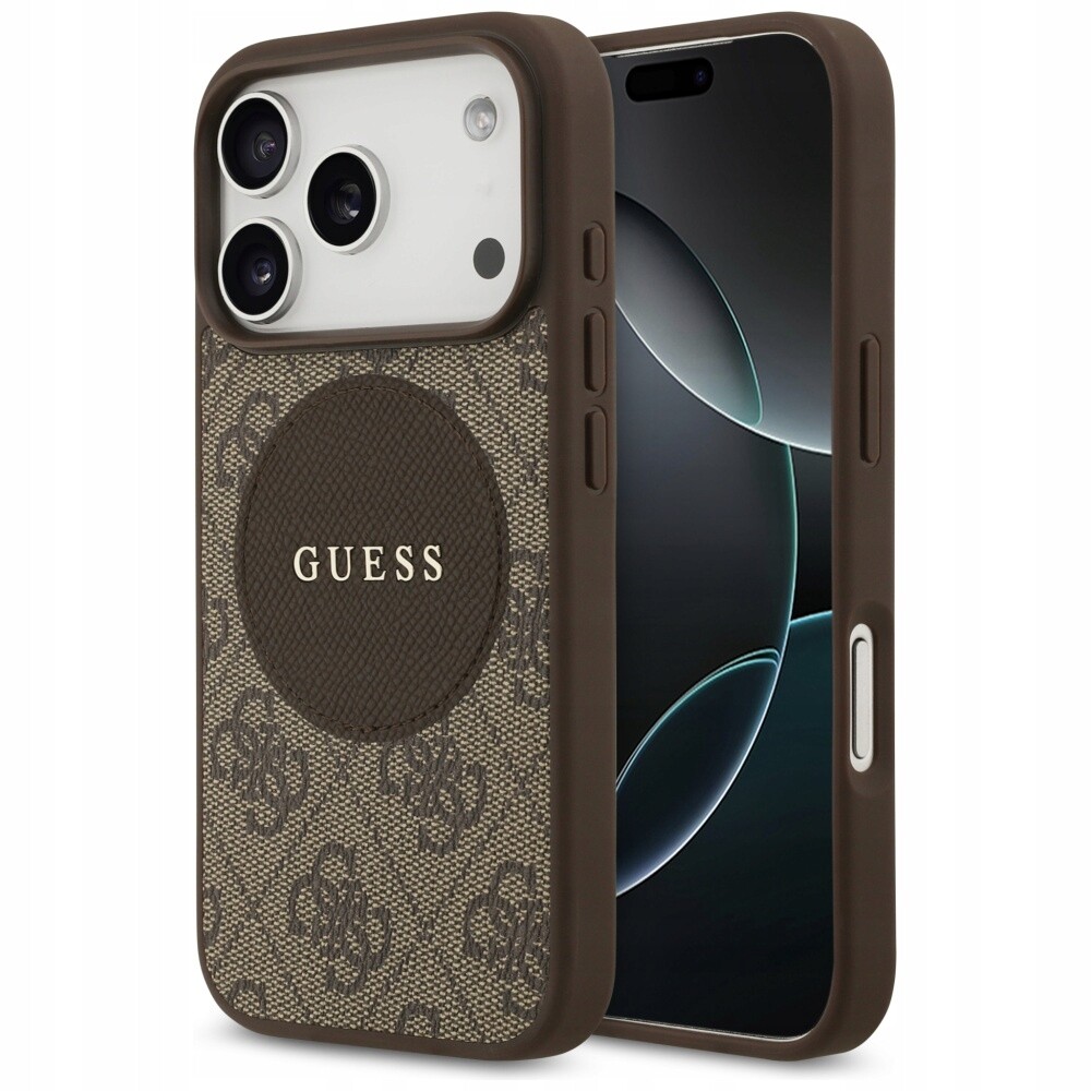 Pouzdro Guess 4G Circle Classic Logo MagSafe pro iPhone 17 Pro, hnědé