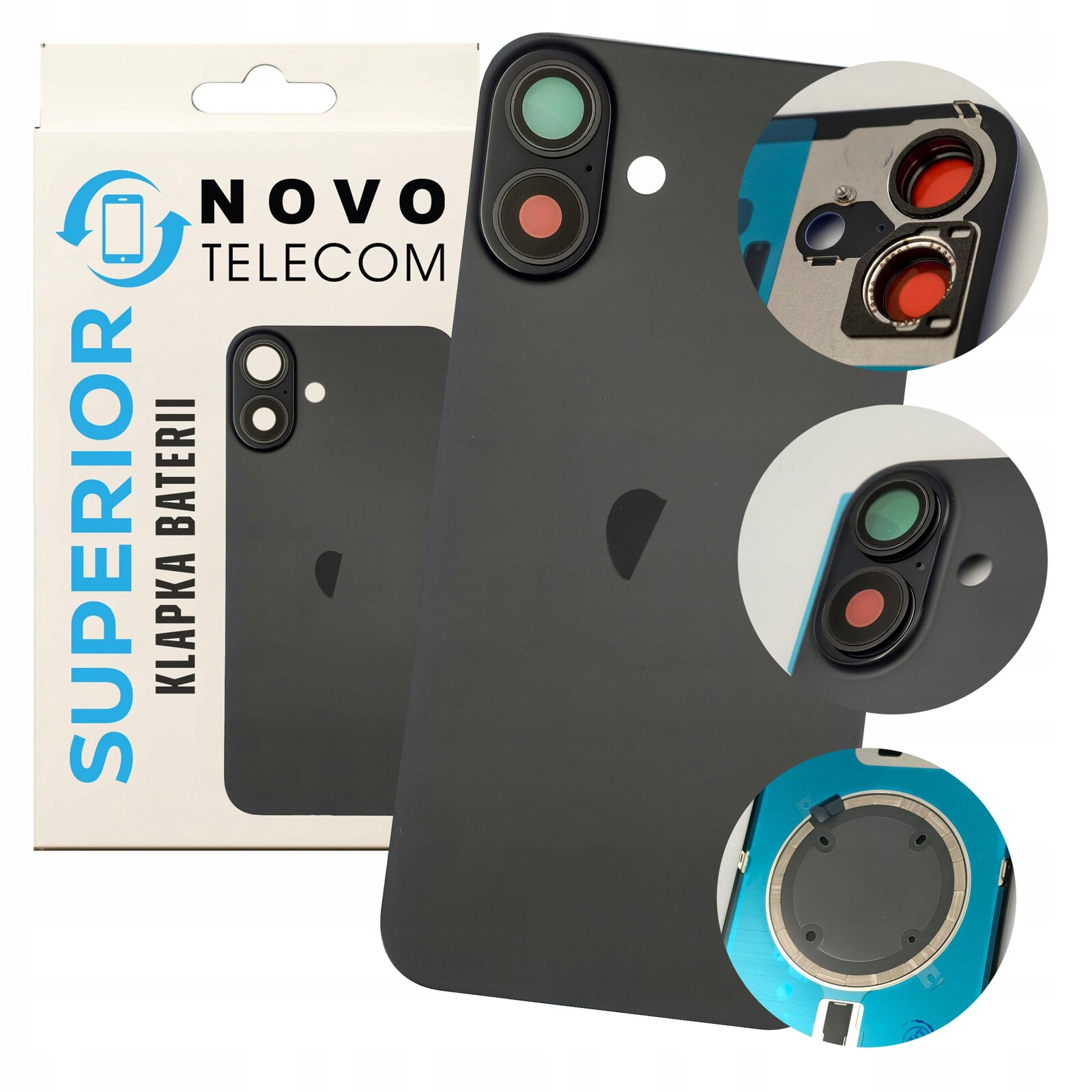 Černý kryt baterie pro iPhone 16 Plus, Zadní Kryt Sklo panel