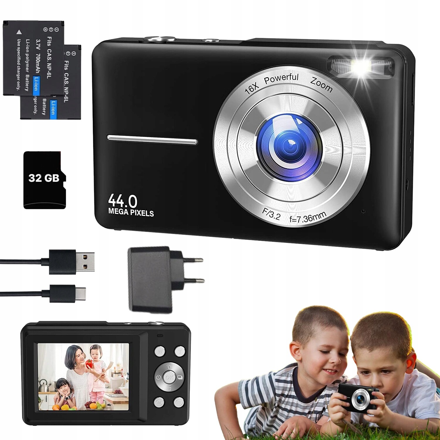 Digitální Fotoaparát Full Hd 1080P 44MP 16X Zoom Autofokus Nahrávání Videa Pro Selfie