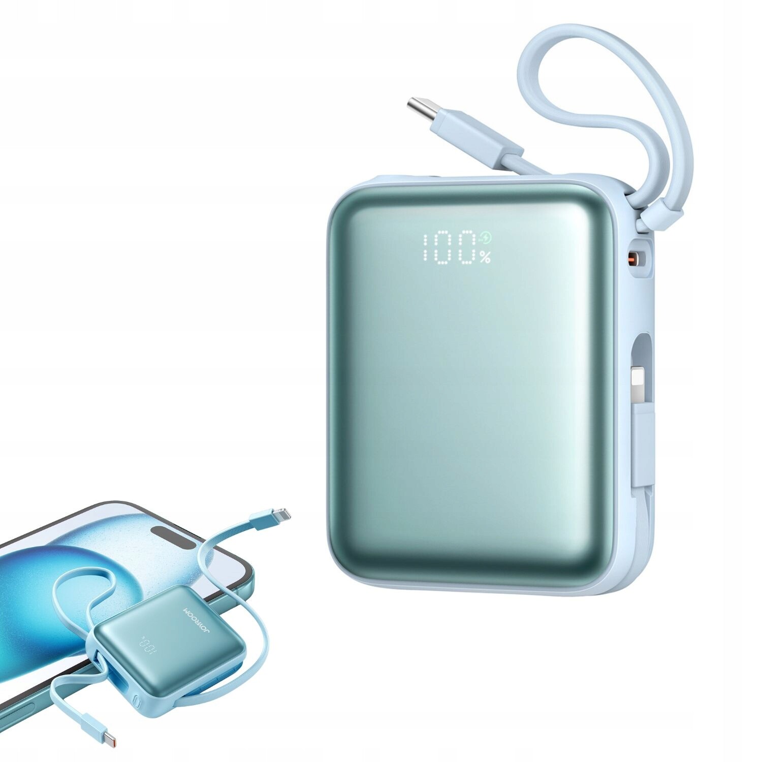 Mini Powerbanka 22,5W 10000 mAh 2X Vestavěný Kabel Modrá