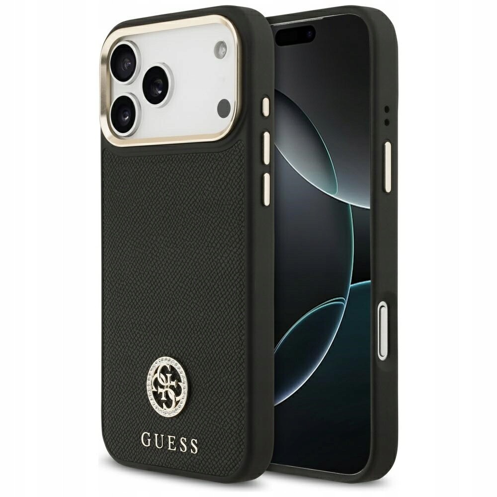 Pouzdro Guess Grained Strass Logo MagSafe pro iPhone 17 Pro Max, černé