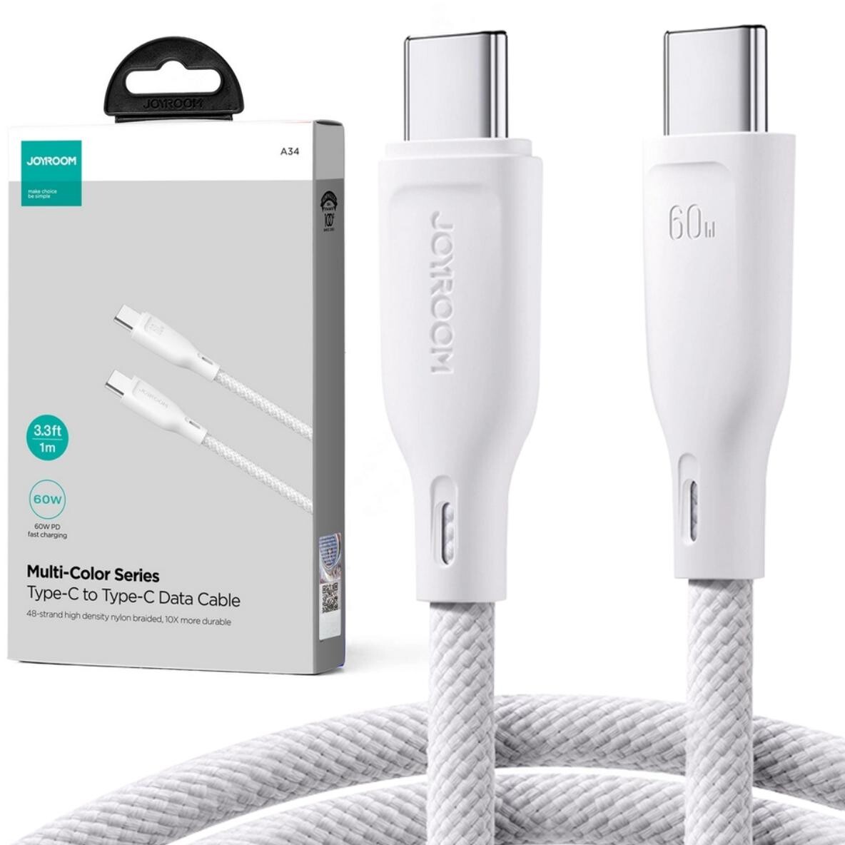 Kabel Usb-c Usb-c Joyroom SA34-CC3 100 cm, 60 W, 5 A, Pd, opletený, bílý