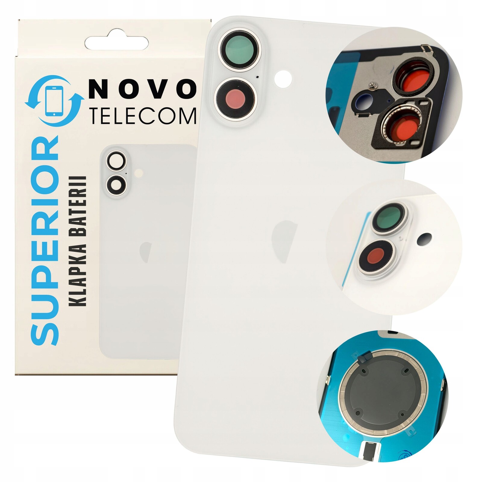 Kryt baterie bílý pro iPhone 16 Plus, Zadní Kryt Sklo panel