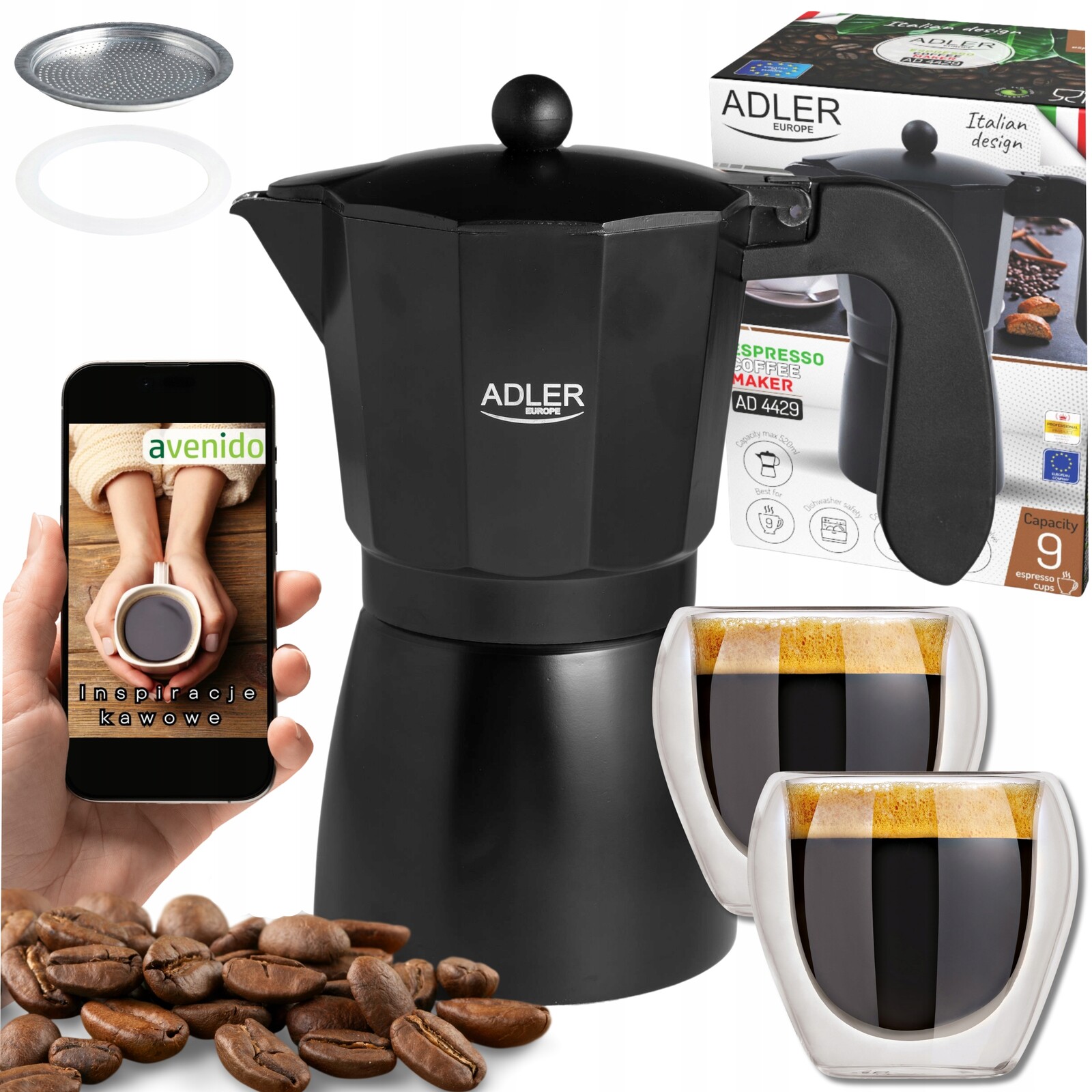 Kávovar 520 ml na kávu Espresso Adler AD4429 filtr 2 Šálky