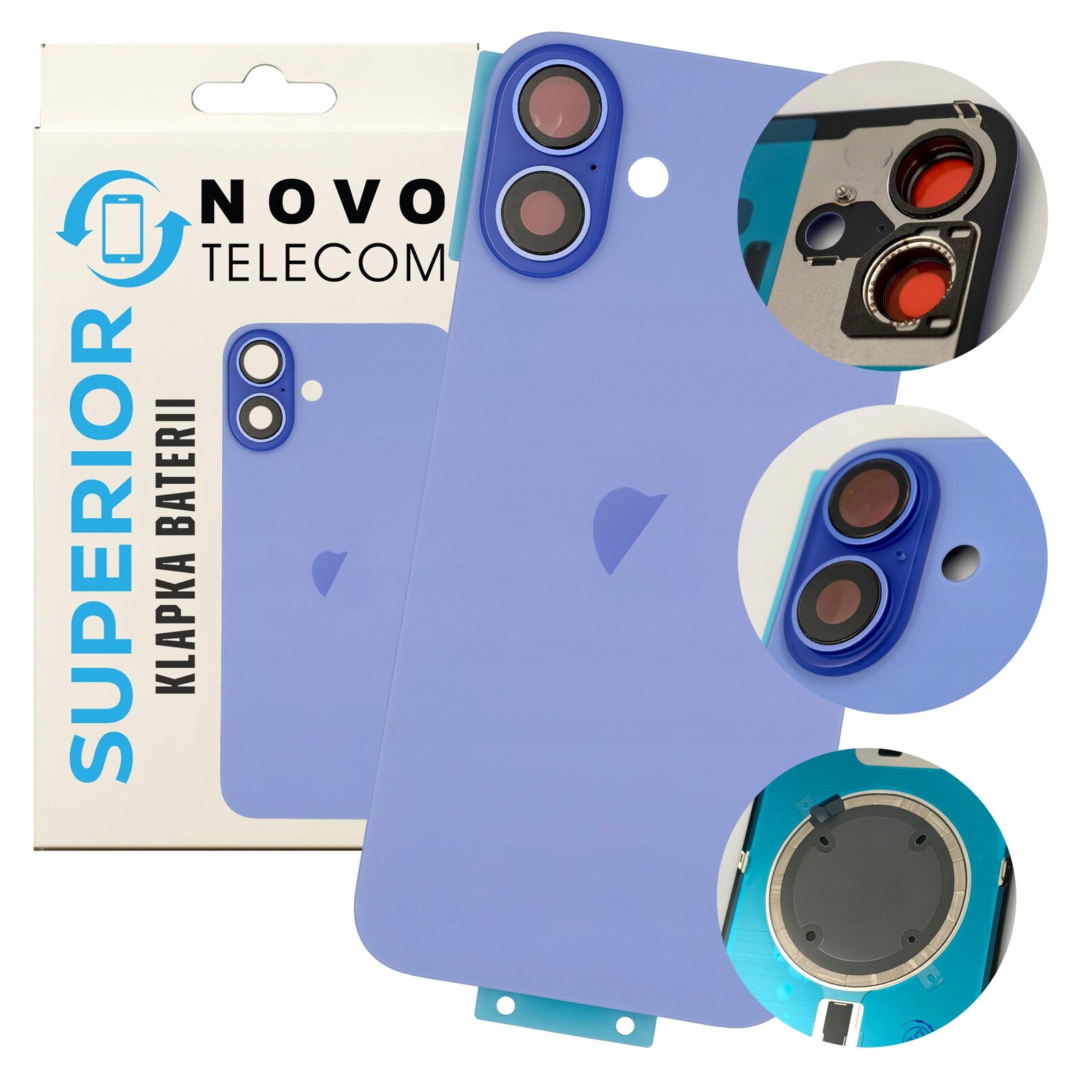 Modrý kryt baterie pro iPhone 16 Plus, Zadní Kryt Sklo panel