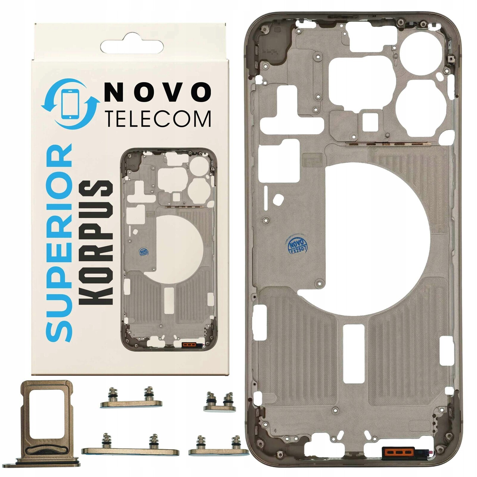 Bílý korpus pro iPhone 15 Pro Max Rámeček Kryt Střední tlačítka Sim