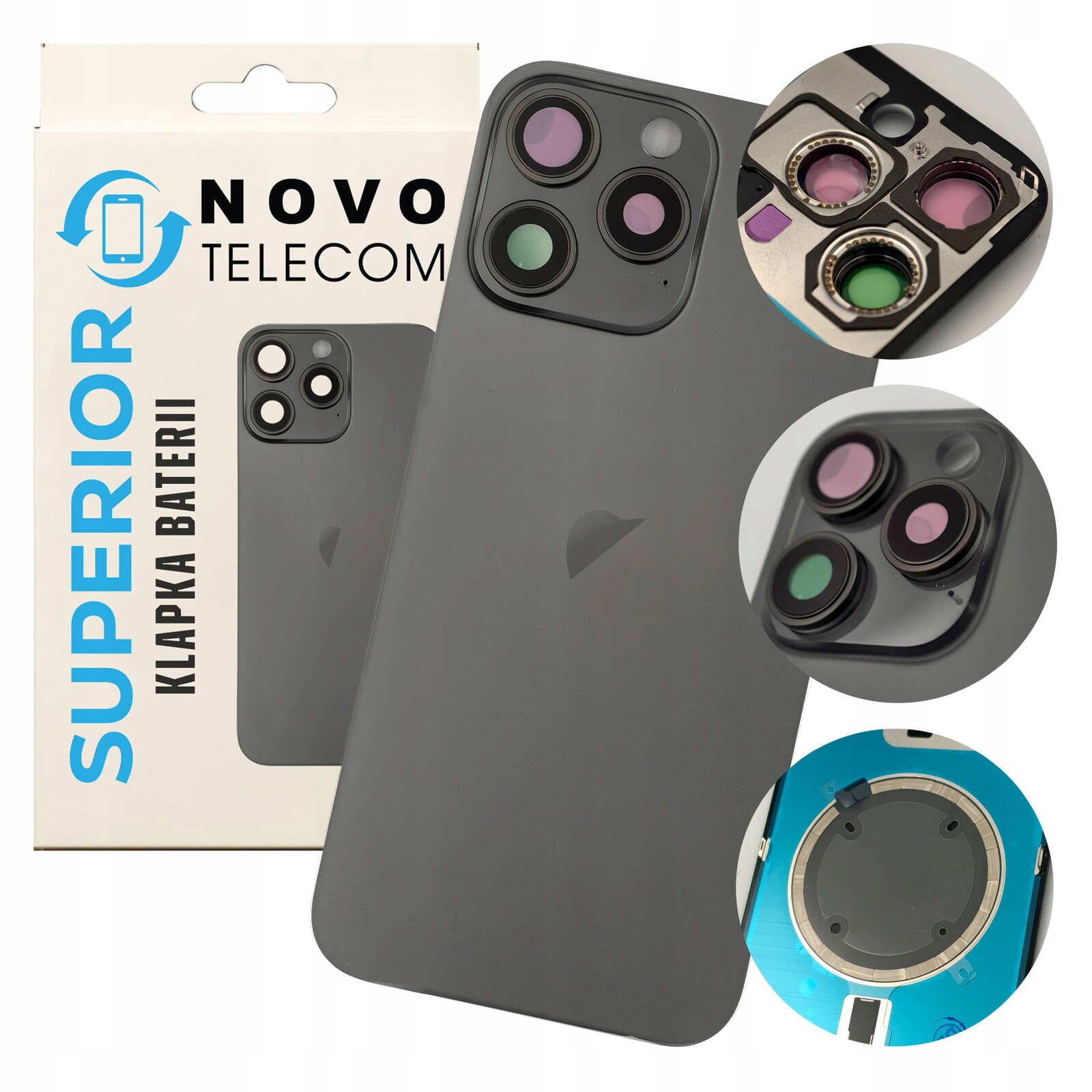 Černá bateriová klapka pro iPhone 16 Pro Max Zadní Kryt Sklo Zadní panel