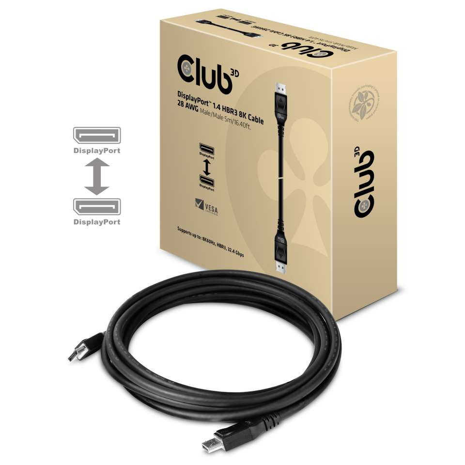 Kabel CLUB3D DisplayPort 1.4 HBR3 8K, mužský/ženský, 5 m 16,40 stop