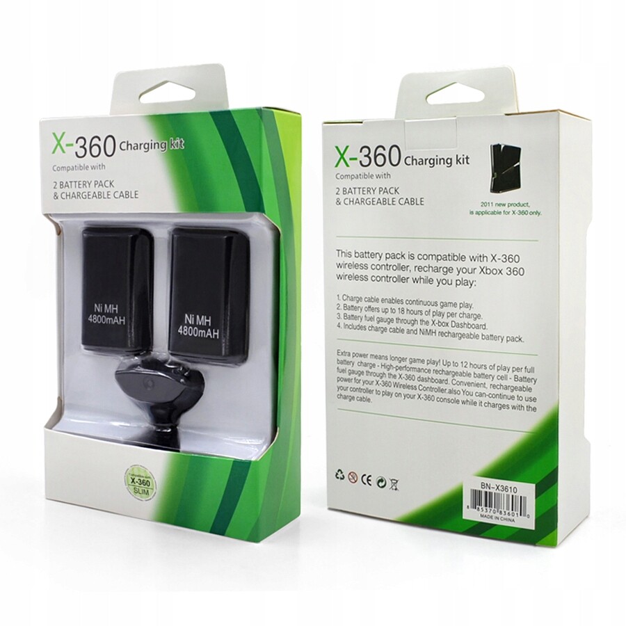 2x Baterie Akumulátor Pad Xbox 360 Kabel Usb Black Černá Sada
