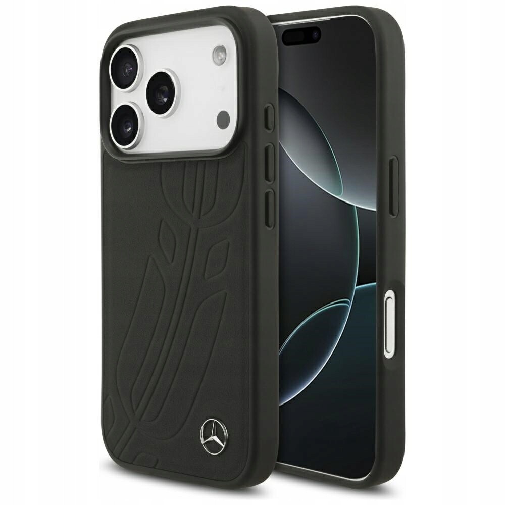 Kožený Pouzdro Mercedes Leather Laurel Leave MagSafe pro iPhone 17 Pro, černý