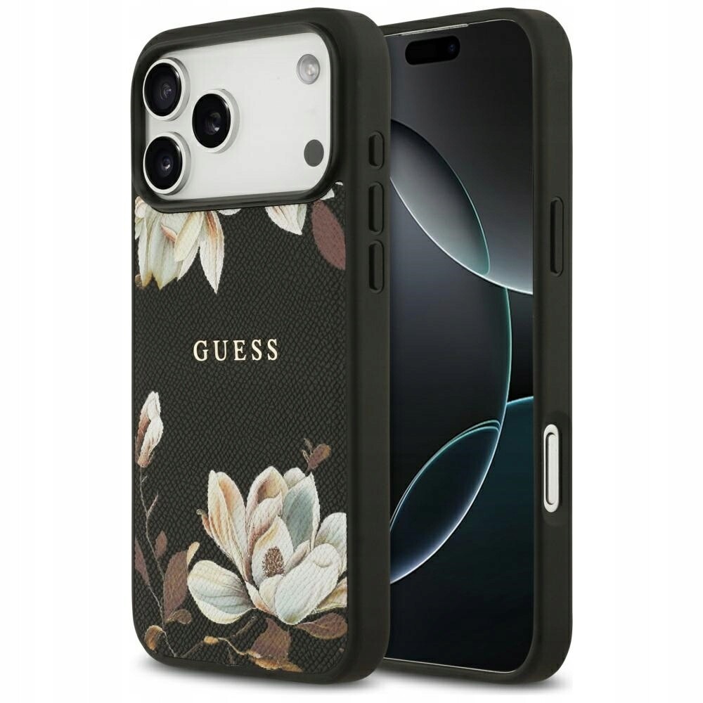 Pouzdro Guess Grained Flowers Classic Logo MagSafe pro iPhone 17 Pro Max, černé