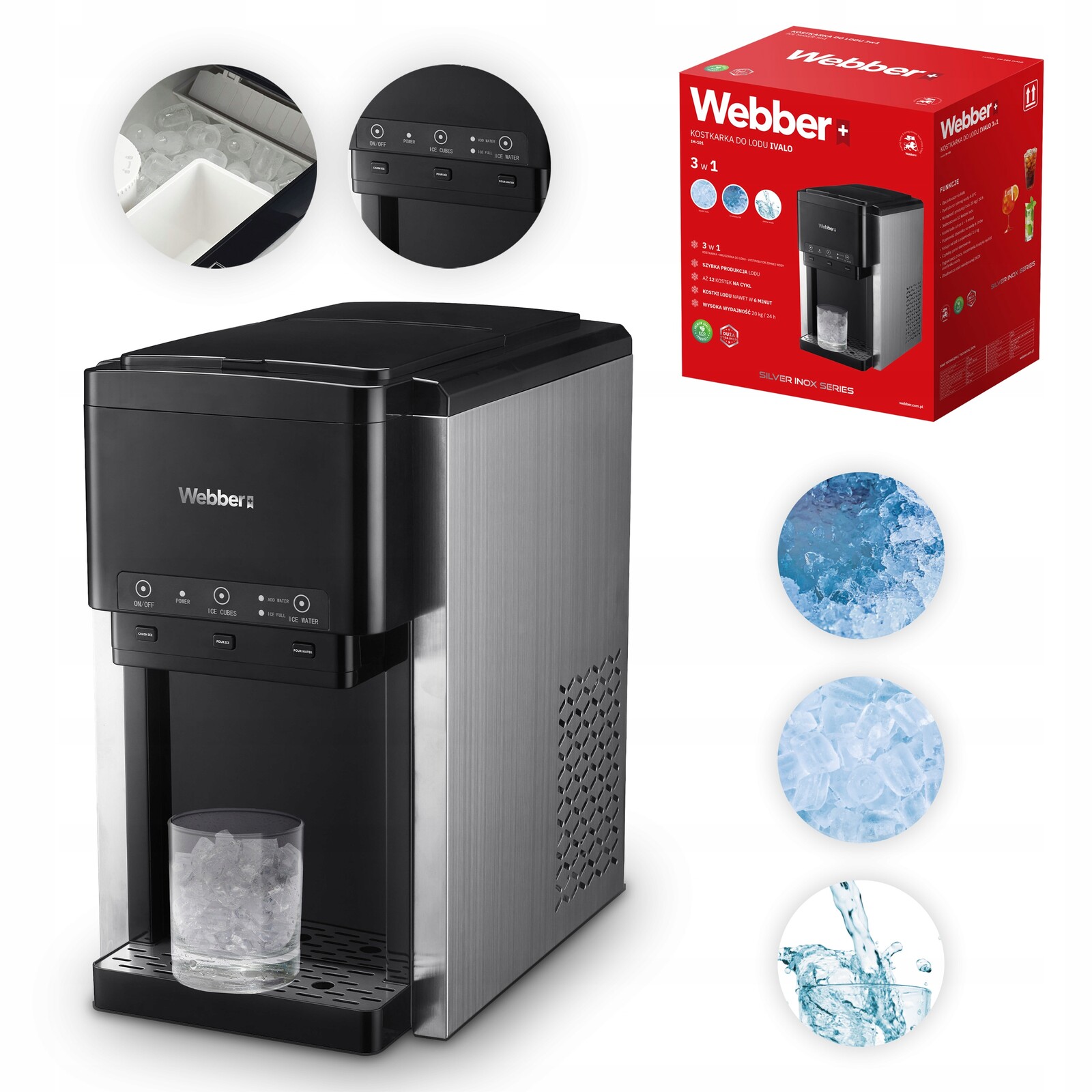 Výrobník ledu 3v1 Rozdělovač vody Drtič Webber 200 W 20 kg/24 h 6 L