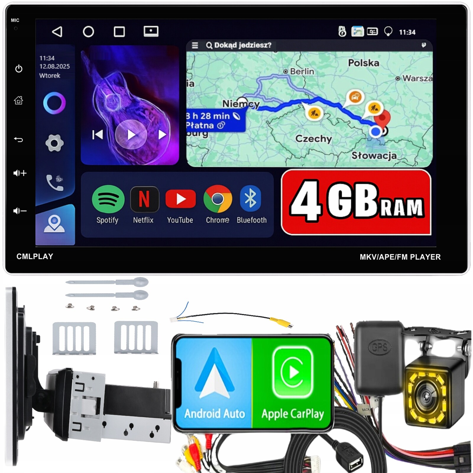 Autorádio 1 Din 9'' Carplay Android 15 Wifi Gps Dotykové 4GB/64GB