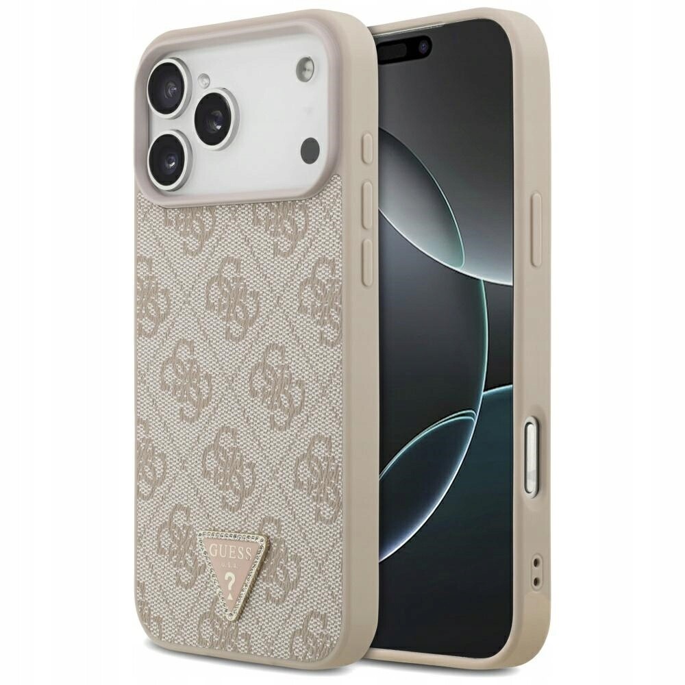 Pouzdro Guess Leather 4G Triangle Strass MagSafe pro iPhone 17 Pro Max, růžové