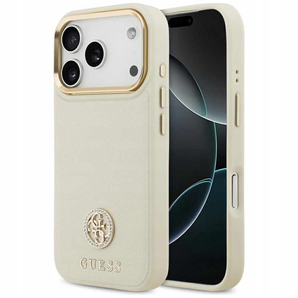 Pouzdro Guess Grained Strass Logo MagSafe pro iPhone 17 Pro béžové