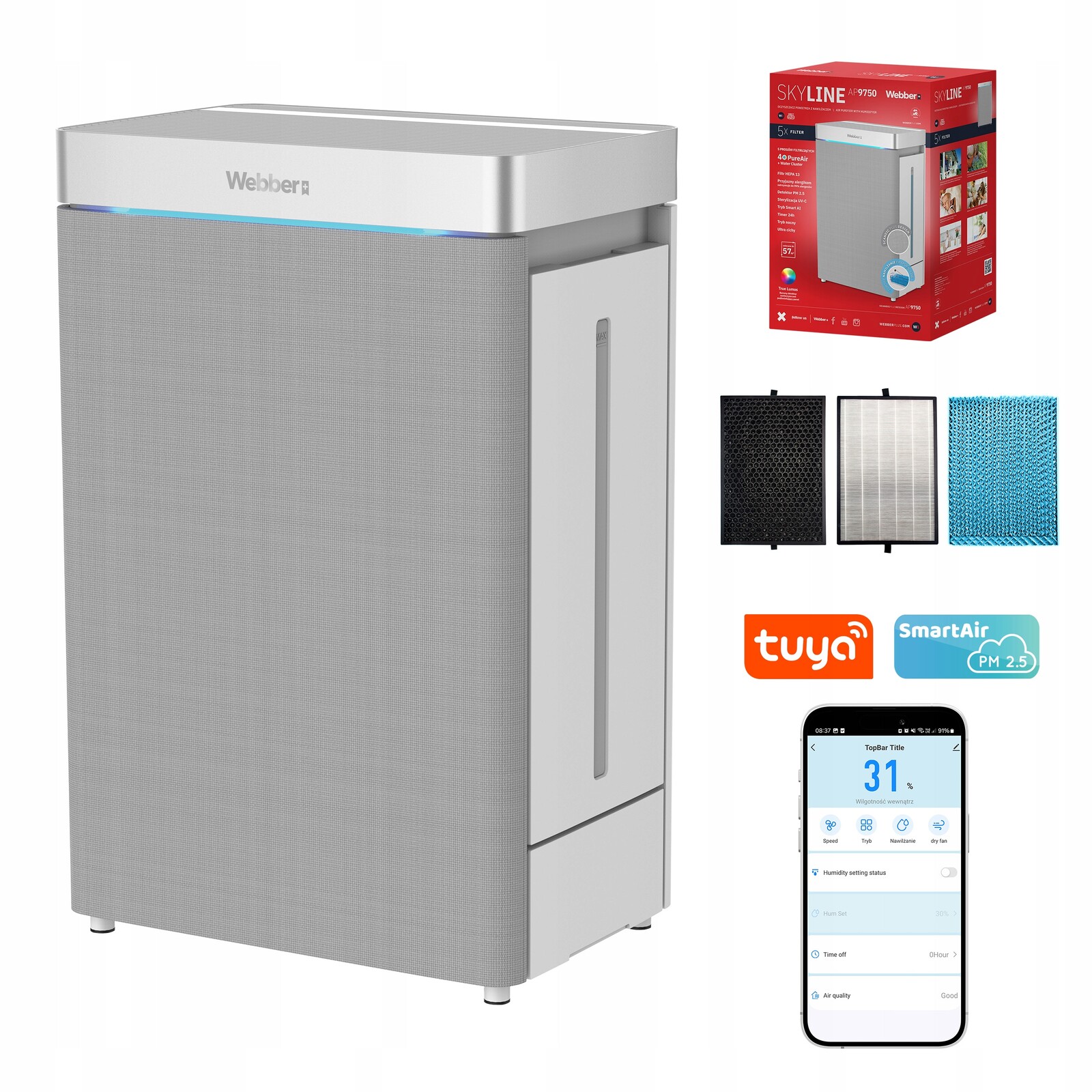 Čistička vzduchu zvlhčovač vzduchu Webber AP9750 Smart Ai Wifi 100W 57 m