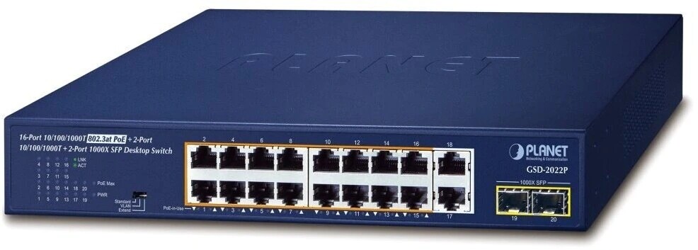 Planet 16-Port 10/100/1000T 802.3at Podpora PoE Modrý