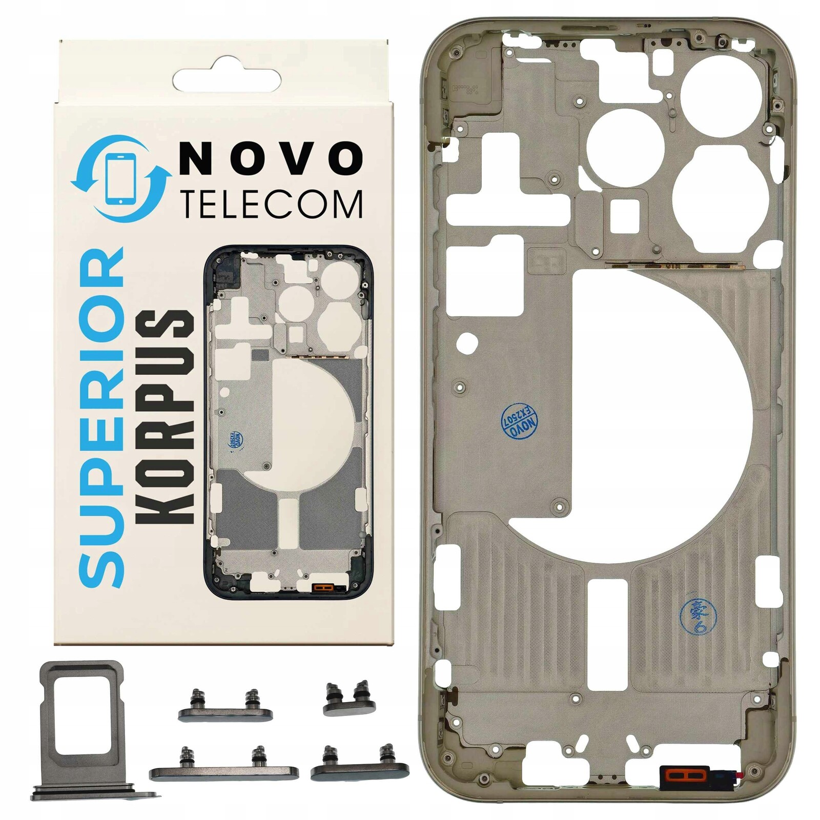 Bílý korpus pro iPhone 15 Pro Rámeček Kryt Střední tlačítka Sim