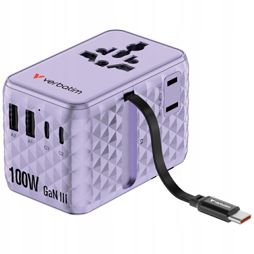 Verbatim Cestovní adaptér Eu/uk/us GaN 2xUSB-C/2xUSB-A/1xUSB-C Pd 100W fialový