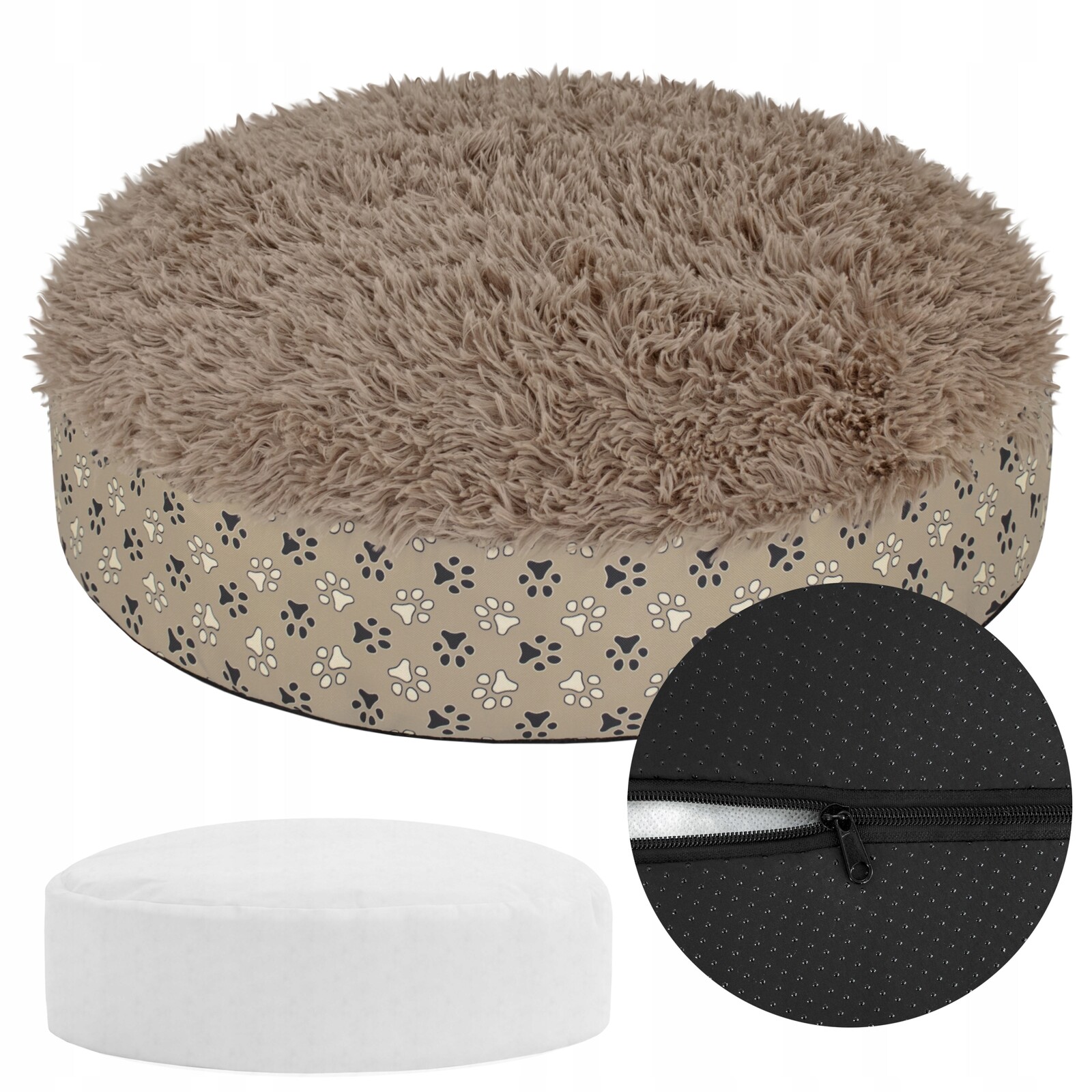 Kulatý Pelíšek Pro Psa Kočku Kočku Měkký Chlupatý Polštář 65 CM Béžový