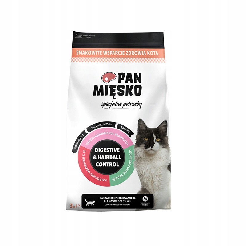 Pan Mięsko Digestive Hairball 3kg suché krmivo krůta