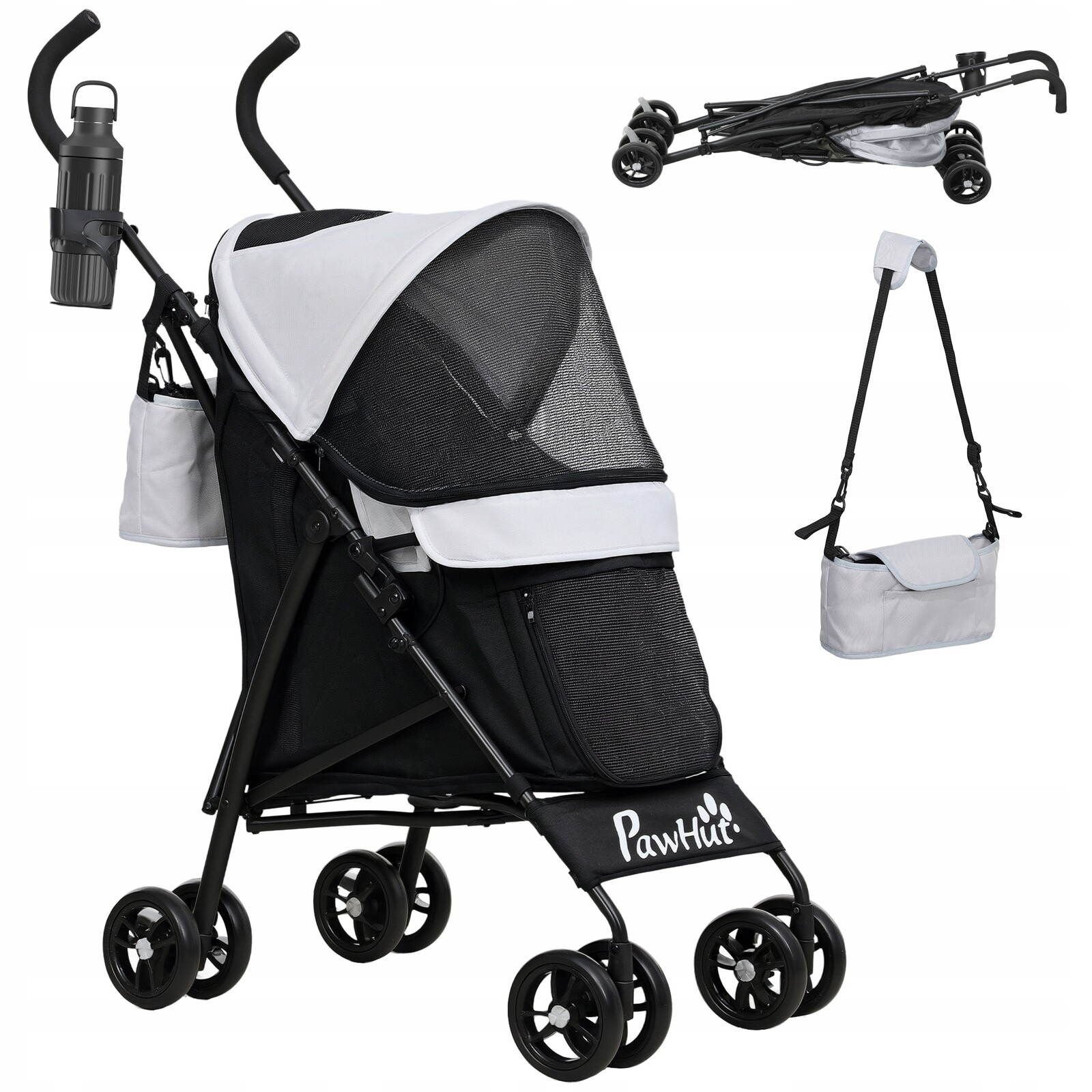 Skládací kočárek pro psa, kočku, do 4 kg, 76Lx44Sx103Wcm, světle šedý