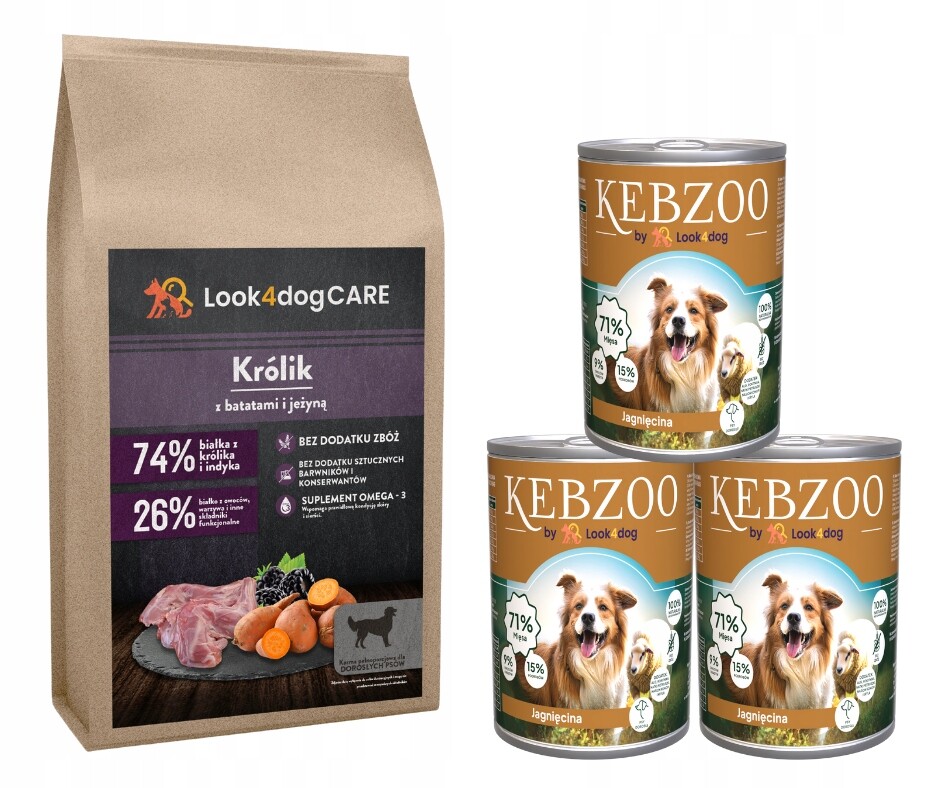 Krmivo pro psa Look4dog Care Králík 6kg Kebzoo Jehněčí 86% 3x400g