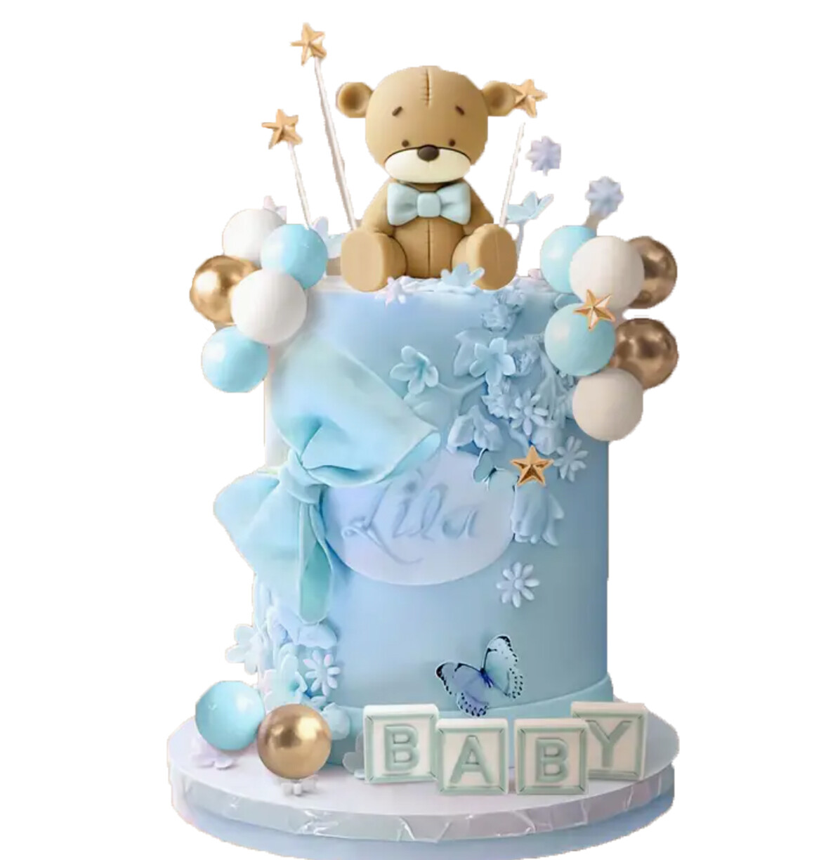 Velká XXL Sada dekorací na dort – Medvídek s modrou mašlí nápis Baby