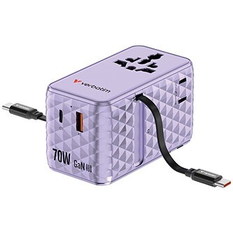 Verbatim, Cestovní adaptér univerzální Charge ,n, Travel 1x USB-C, 1X USB-A + 2x integrovaný kabel USB-C, fialová, 70 W