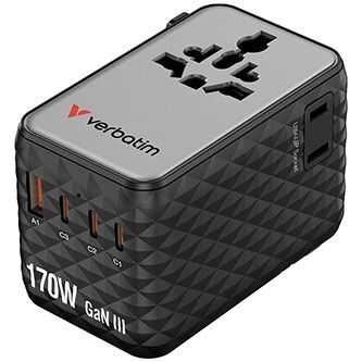 Verbatim, Cestovní adaptér univerzální Charge ,n, Travel 2x USB-C, 2X USB-A + 1x integrovaný kabel USB-C, černá, 170 W