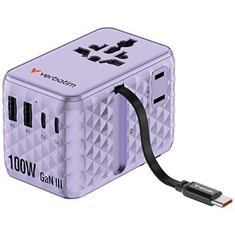 Verbatim, Cestovní adaptér univerzální Charge ,n, Travel 2x USB-C, 2X USB-A + 1x integrovaný kabel USB-C, fialová, 100 W