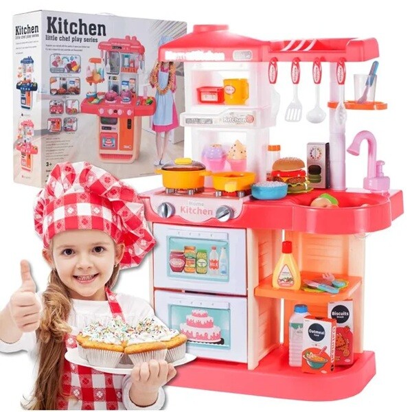 Růžová kuchyňka se světlem a zvukem s doplňky