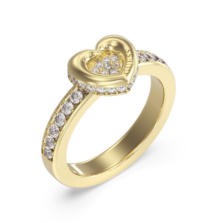 Guess Půvabný pozlacený prsten Srdce s krystaly L.O.V.E. JUBR05464JWYG 56 mm