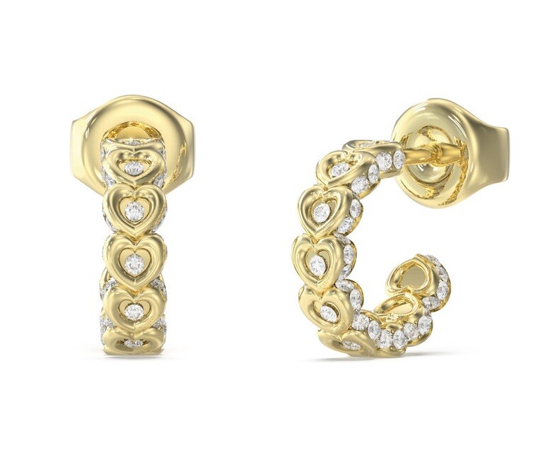 Guess Pozlacené kruhové náušnice se srdíčky L.O.V.E. JUBE05472JWYGT/U