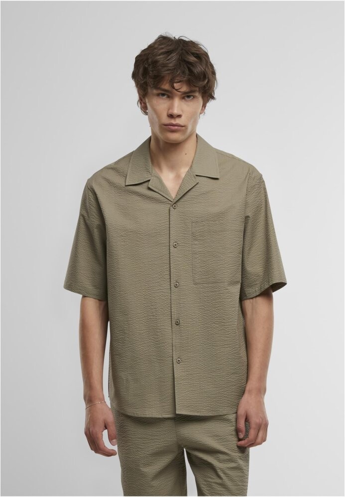 Relaxed Seersucker Short Sleeve Shirt - paleolive 3XL
