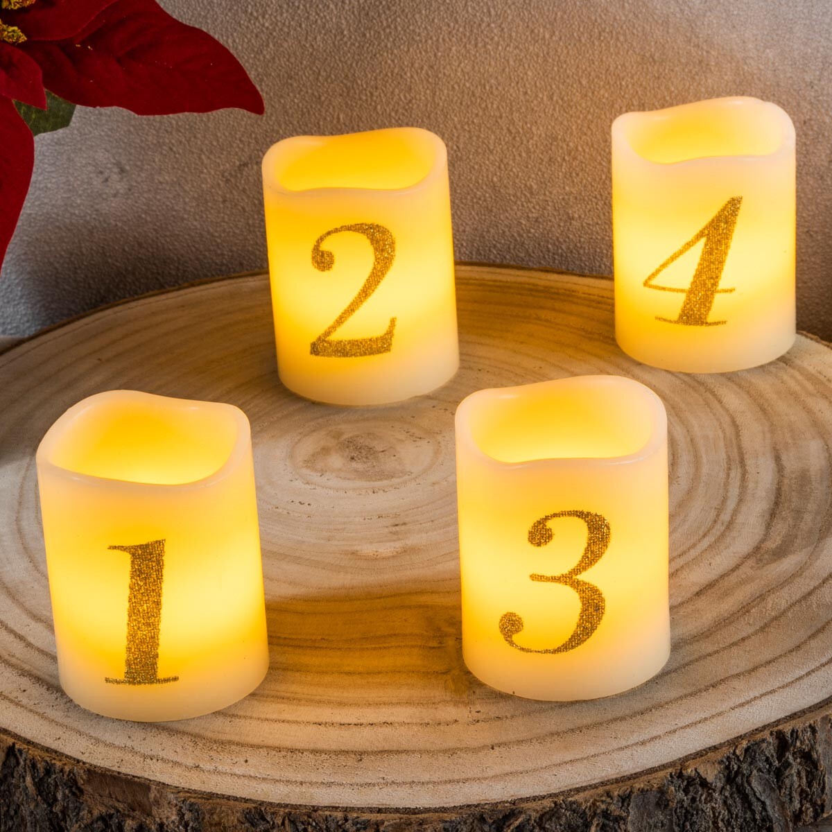 LED voskové svíčky s čísly, 4 kusy